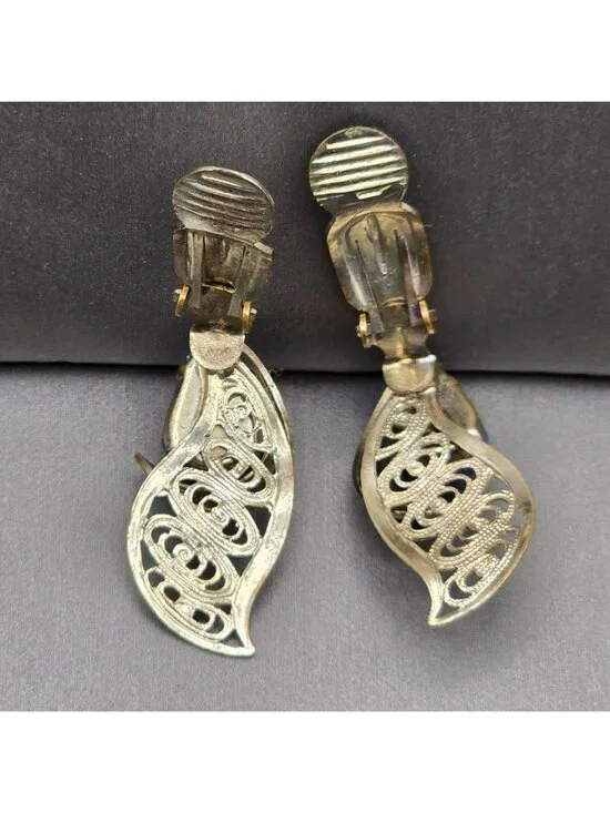 Vintage West German Silver Filigree Clip On Earrings Blue Art Glass 1950s - Picture 6 of 10